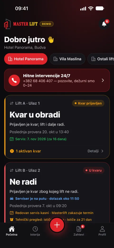 MasterLift na telefonu: početni ekran sa stanjem liftova